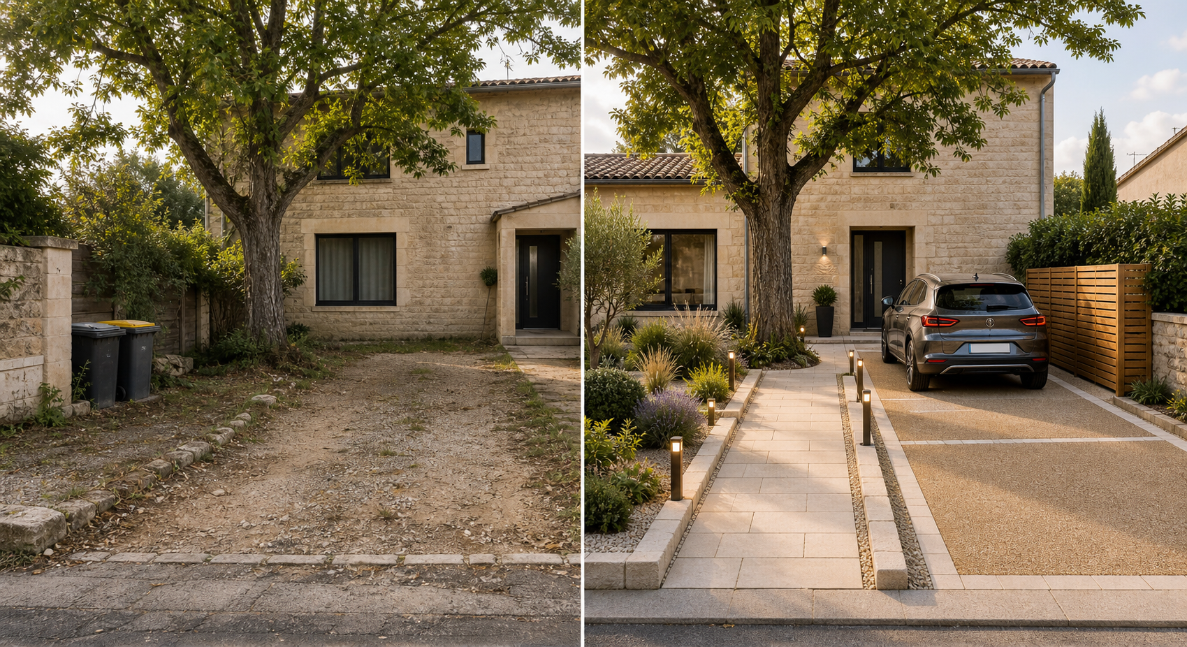 Concept avant après pour un aménagement extérieur de façade avec stationnement, allée piétonne, arbre conservé et cache-poubelles discret.